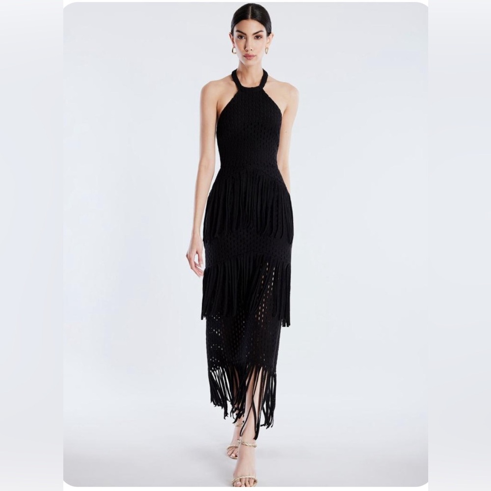 BCBGMaxAzria Black Crochet Fringe Halter Midi Dress